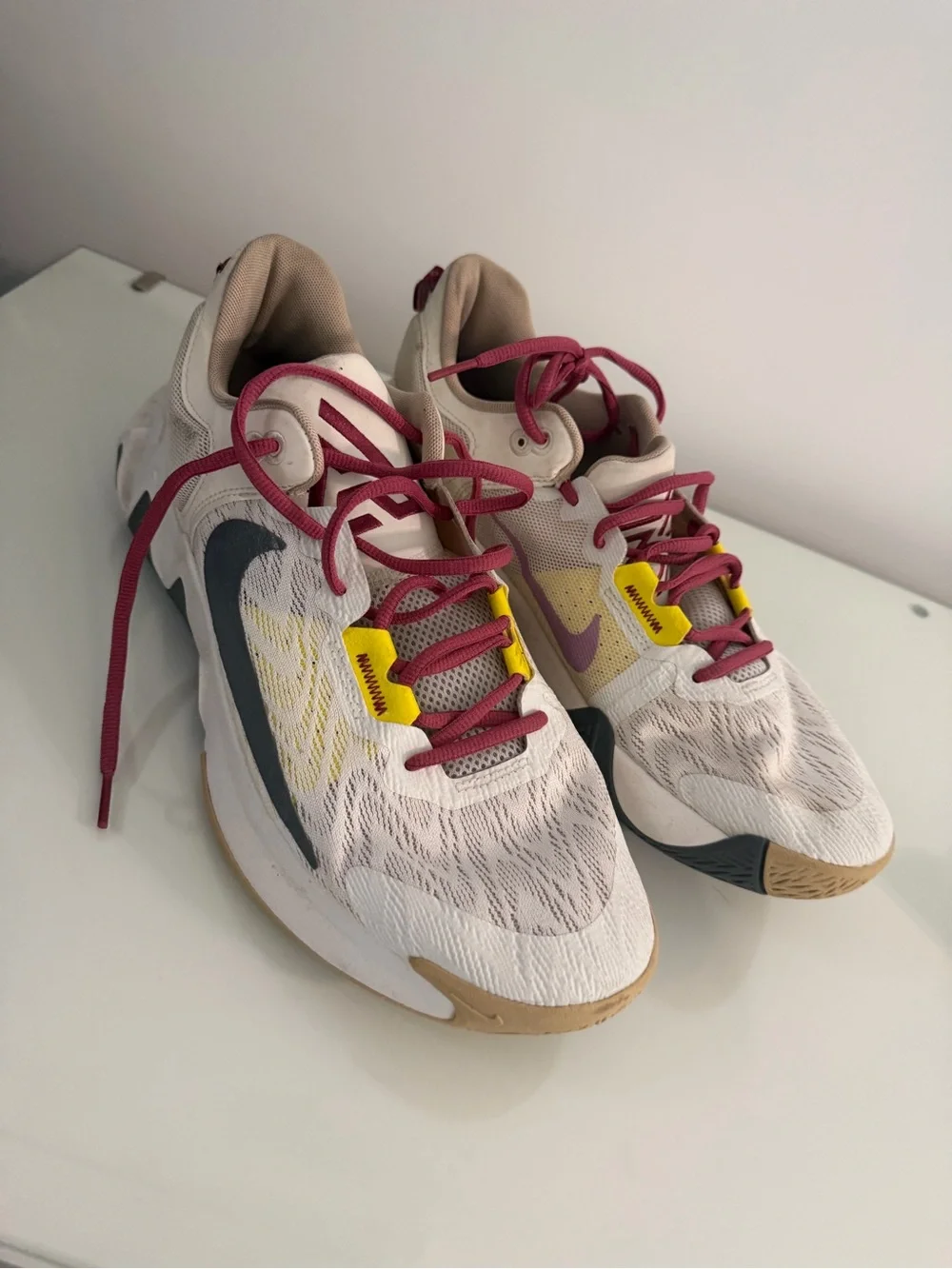 Nike Cream Sneakers with Maroon Laces and Yellow Accents